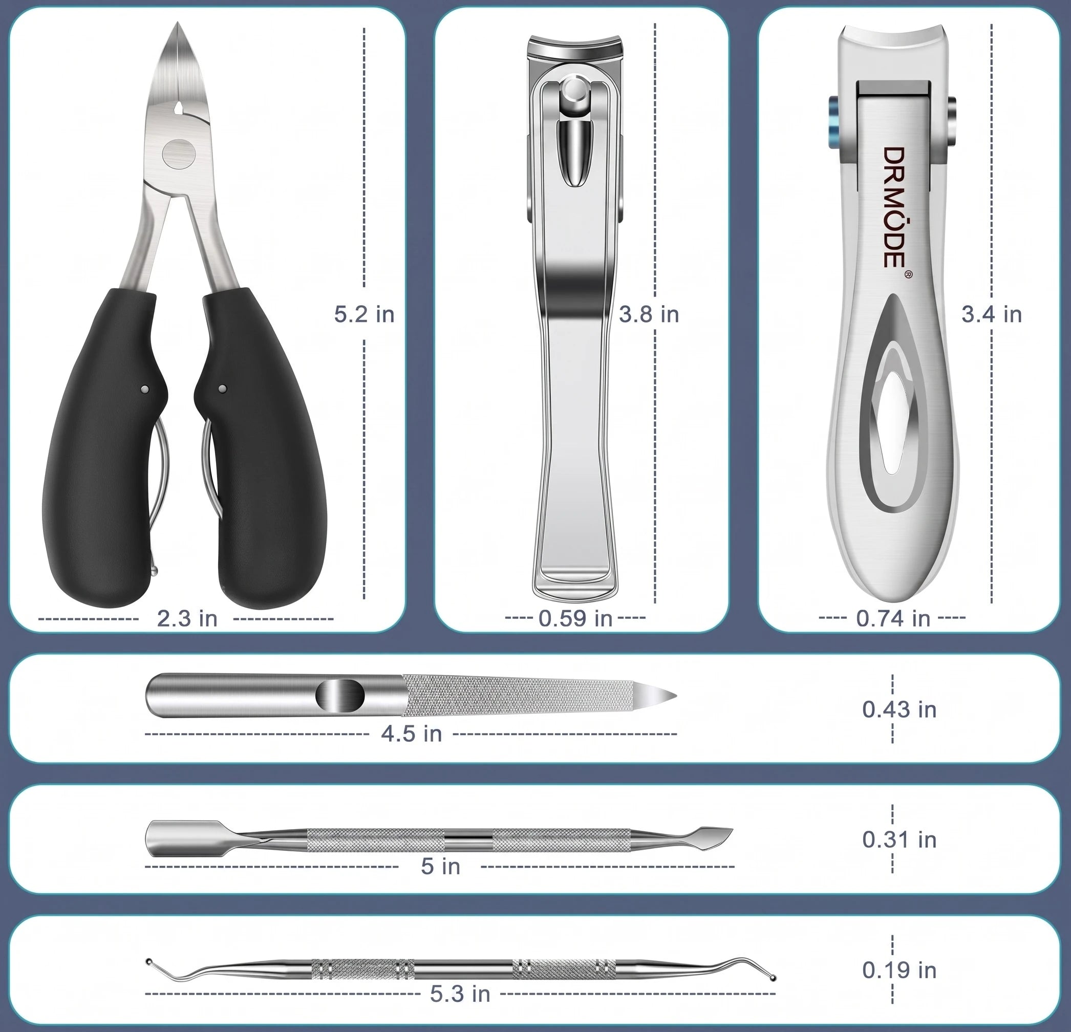 A complete 6-piece professional toenail clippers set for thick nails, displaying each tool with its dimensions