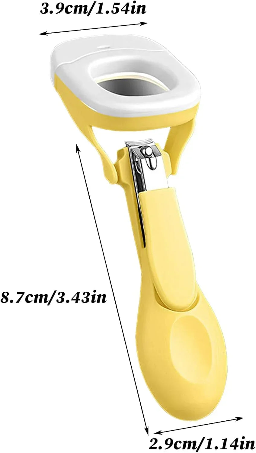 Yellow nail clipper with ergonomic handle and built-in catcher, product dimensions labeled.