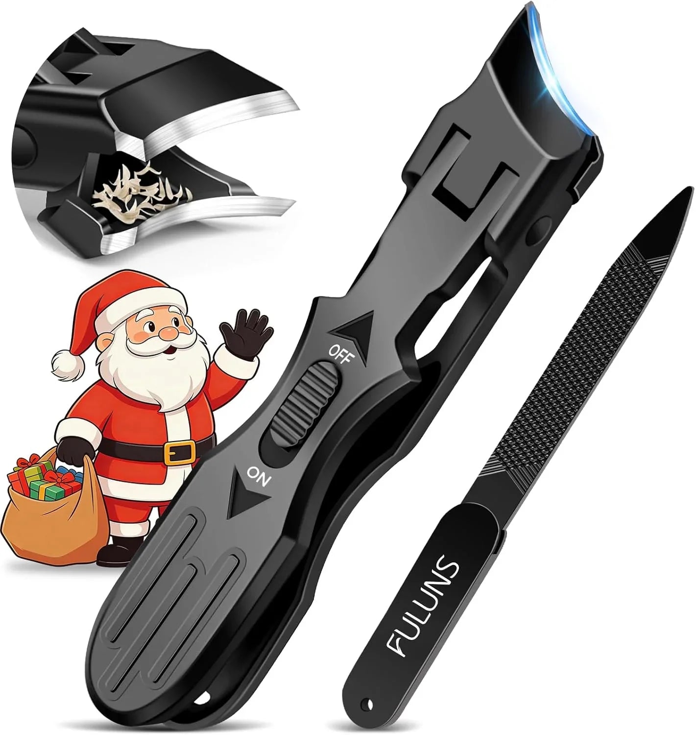 Black nail clipper with light, nail file, and Santa Claus graphic, close-up detail inset.