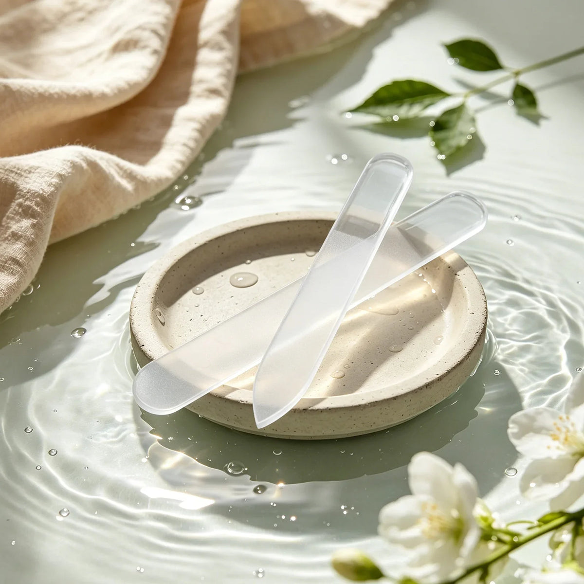 Two gentle crystal glass nail files on ceramic dish with water jasmine flowers, soothing natural nail care spa experience at home