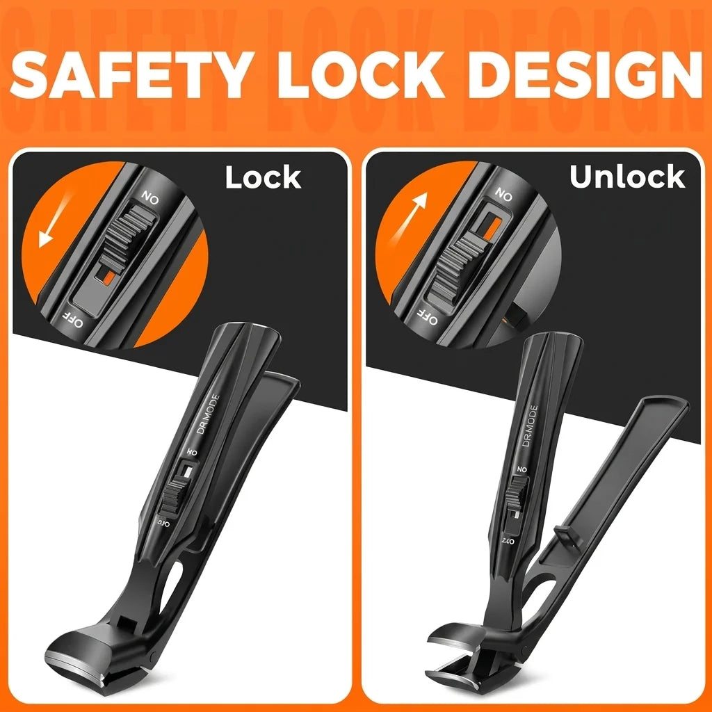 Safety lock mechanism on long arm nail clippers for secure storage and travel.