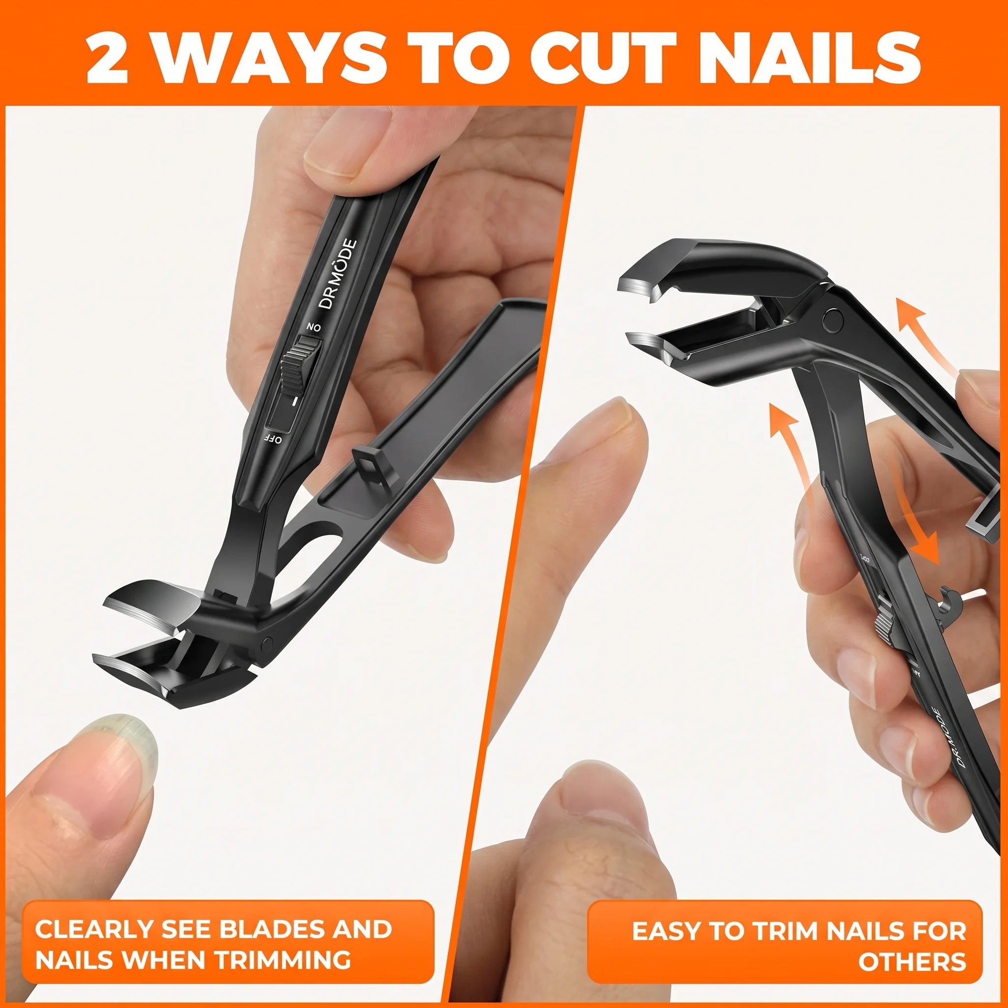 Long handled toenail clippers with two-way grip for easy self-trimming and assisted care.