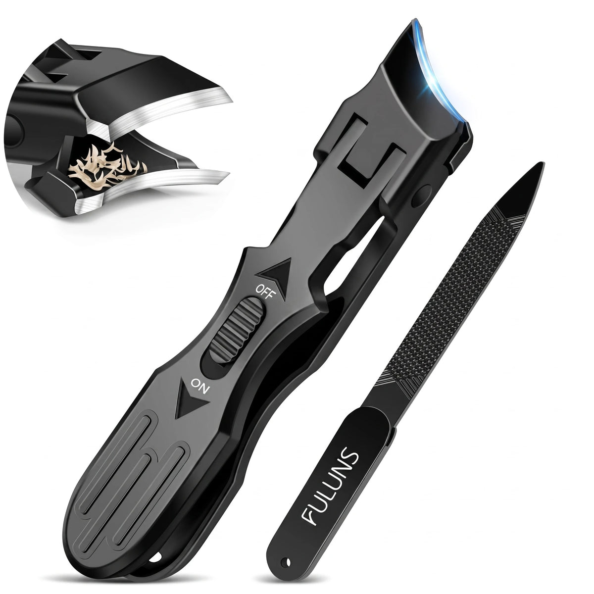 FULUNS ingrown nail clipper with black ergonomic handle, ON/OFF safety lock, and matching textured nail file for safe, controlled trimming of thick and ingrown nails.