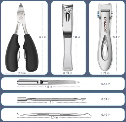  A complete 6-piece professional toenail clippers set for thick nails, displaying each tool with its dimensions