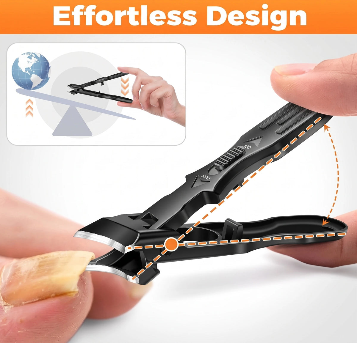 FULUNS ingrown nail clipper with a long lever and thumb-push trigger for effortless one-hand operation. Ergonomic angle fits your natural hand position for safe, precise ingrown nail trimming.