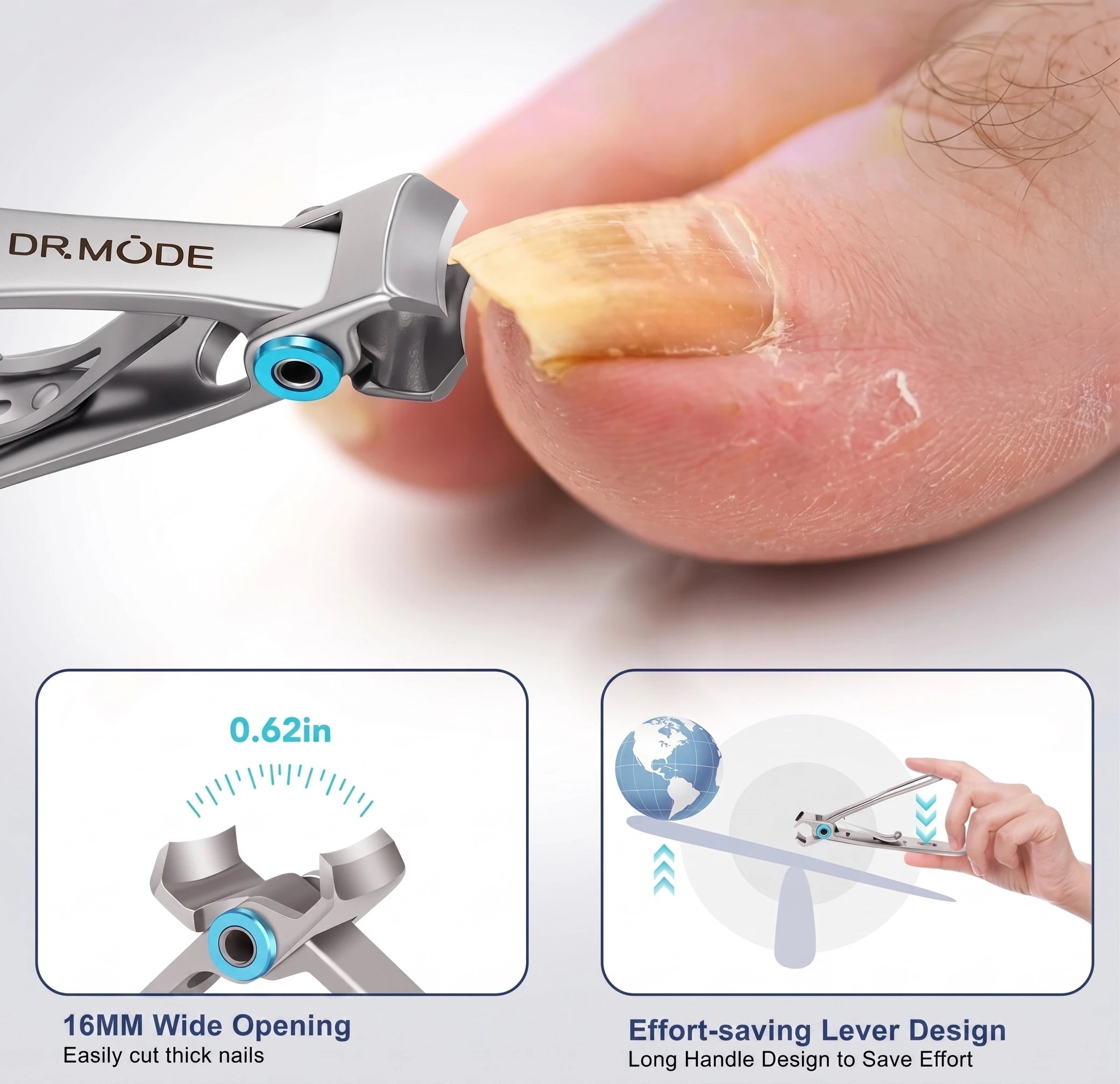 A pair of DRMODE heavy-duty nail clippers for thick toenails slicing cleanly through a thick, yellowed, fungal nail in a single motion. The 0.62-inch (16 mm) extra-wide jaw opening and the long ergonomic lever handle deliver effortless, splinter-free cuts on the toughest thick, hard, or age-hardened nails — ideal for seniors, men, and anyone whose nails ordinary drugstore clippers simply cannot cut.