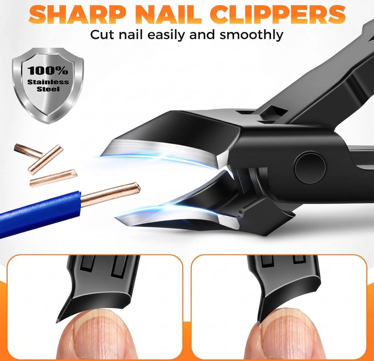 FULUNS ingrown nail clipper with a 100% stainless steel curved blade. Precision-sharp edge cuts smoothly through thick, hard, and ingrown nails without snagging or splitting.