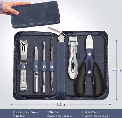 The complete DRMODE 6-piece professional toenail clippers set for thick nails, neatly organized in a portable navy-blue zippered travel case (8.2 in × 7.2 in). Includes six labeled tools: ① Rotating Head Clipper, ② Nail File, ③ Cuticle Pusher, ④ Nail Lifter, ⑤ Wide Opening Clipper, and ⑥ Ingrown Toenail Clippers. A complete at-home or on-the-go manicure and pedicure set designed for seniors, frequent travelers, and anyone who needs reliable thick-nail care away from home.