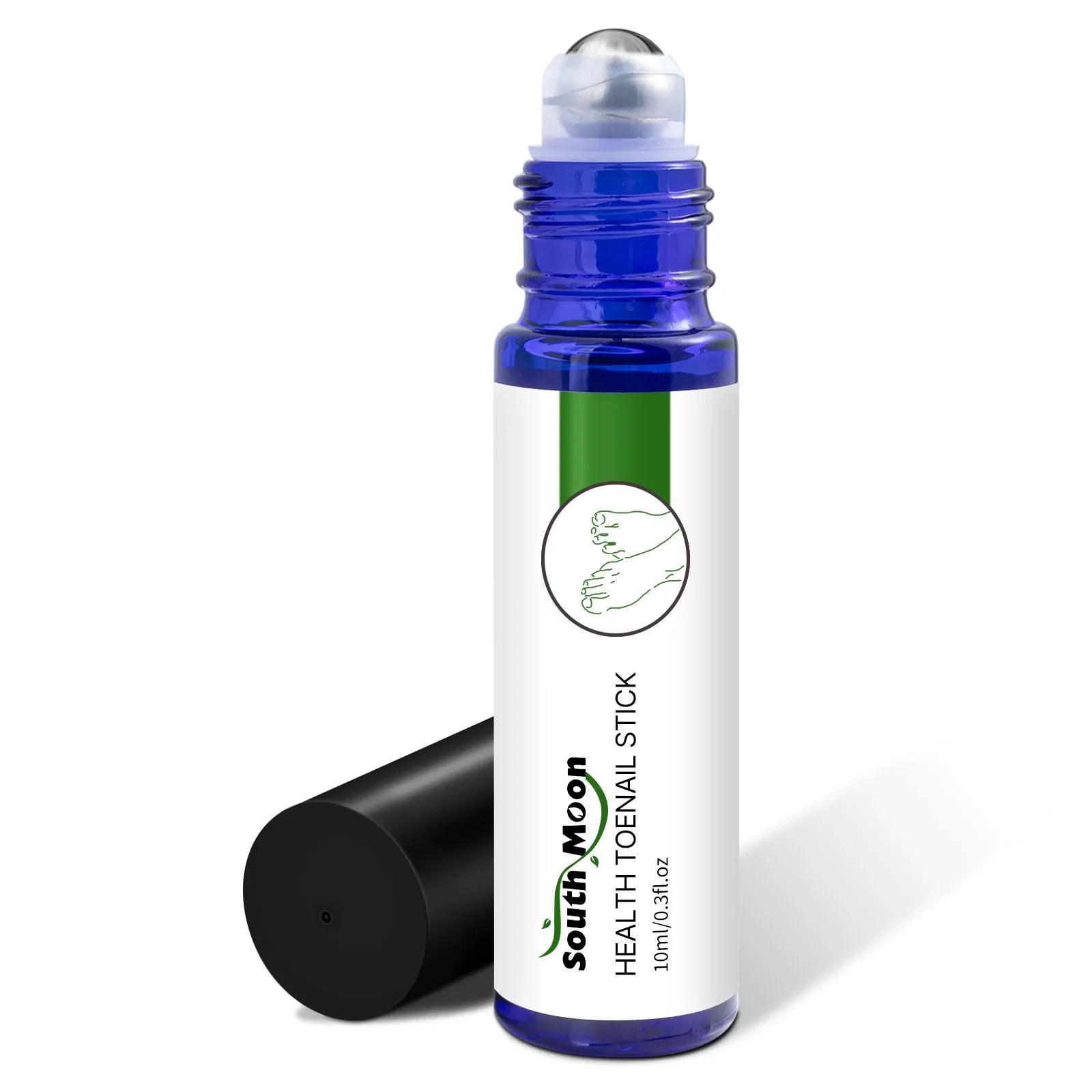 Blue glass roll-on bottle labeled health toenail stick with black cap for nail care.