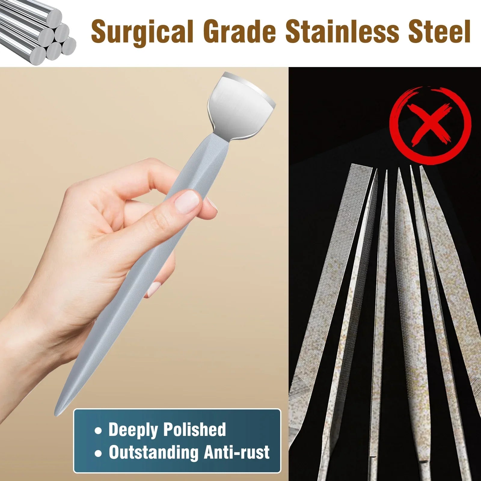Hand holding surgical grade stainless steel nail tool, anti-rust, deeply polished design shown.