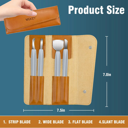 Manicure pedicure tool set with four precision blades in leather case, product size shown.