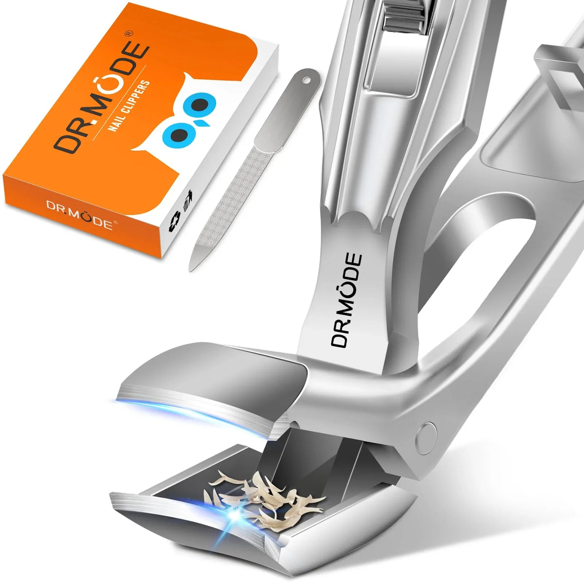 Stainless steel nail clippers with nail catcher, nail file, and orange packaging box