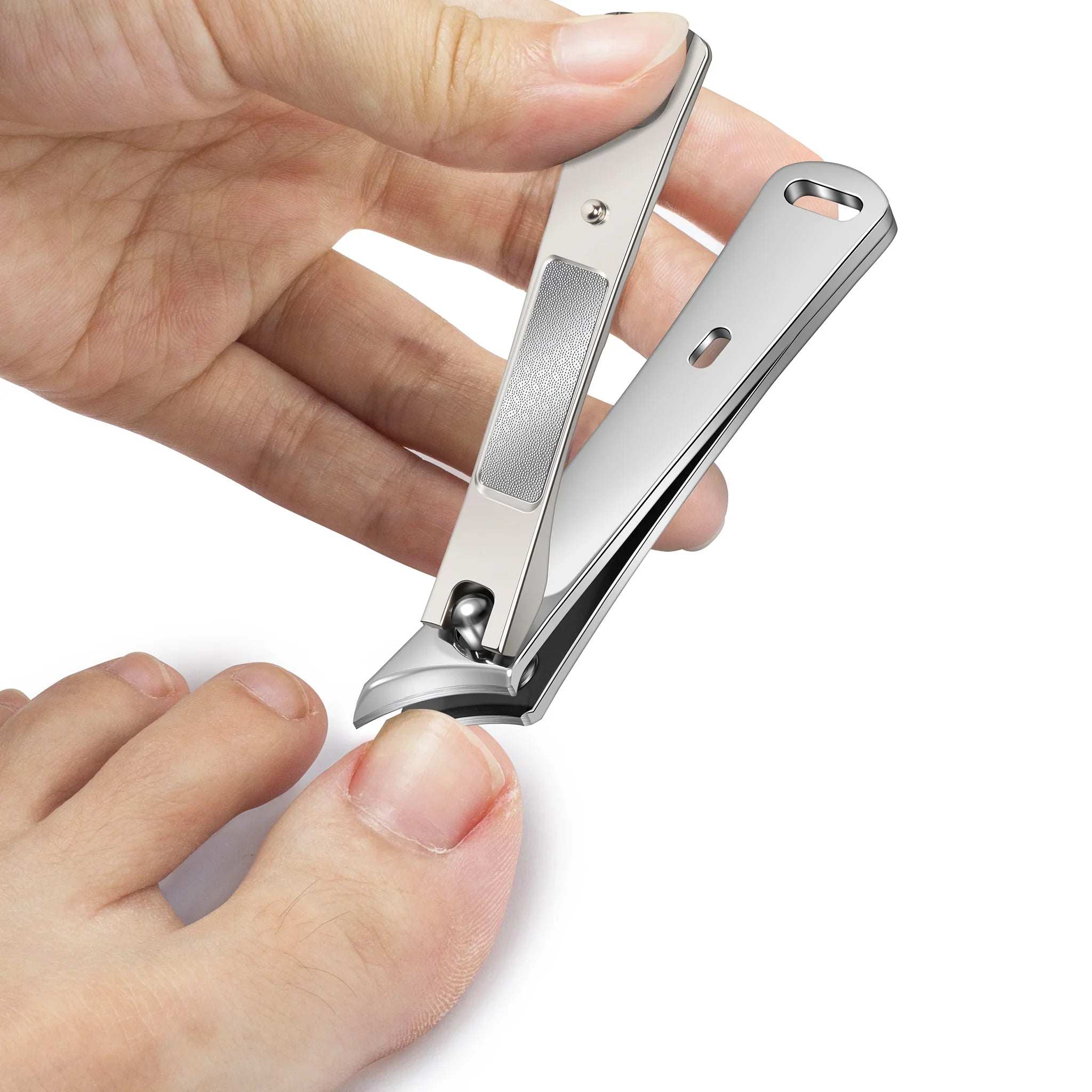 Person using German nail clippers to trim thick toenails with ease, featuring a built-in nail file on the sleek stainless steel body