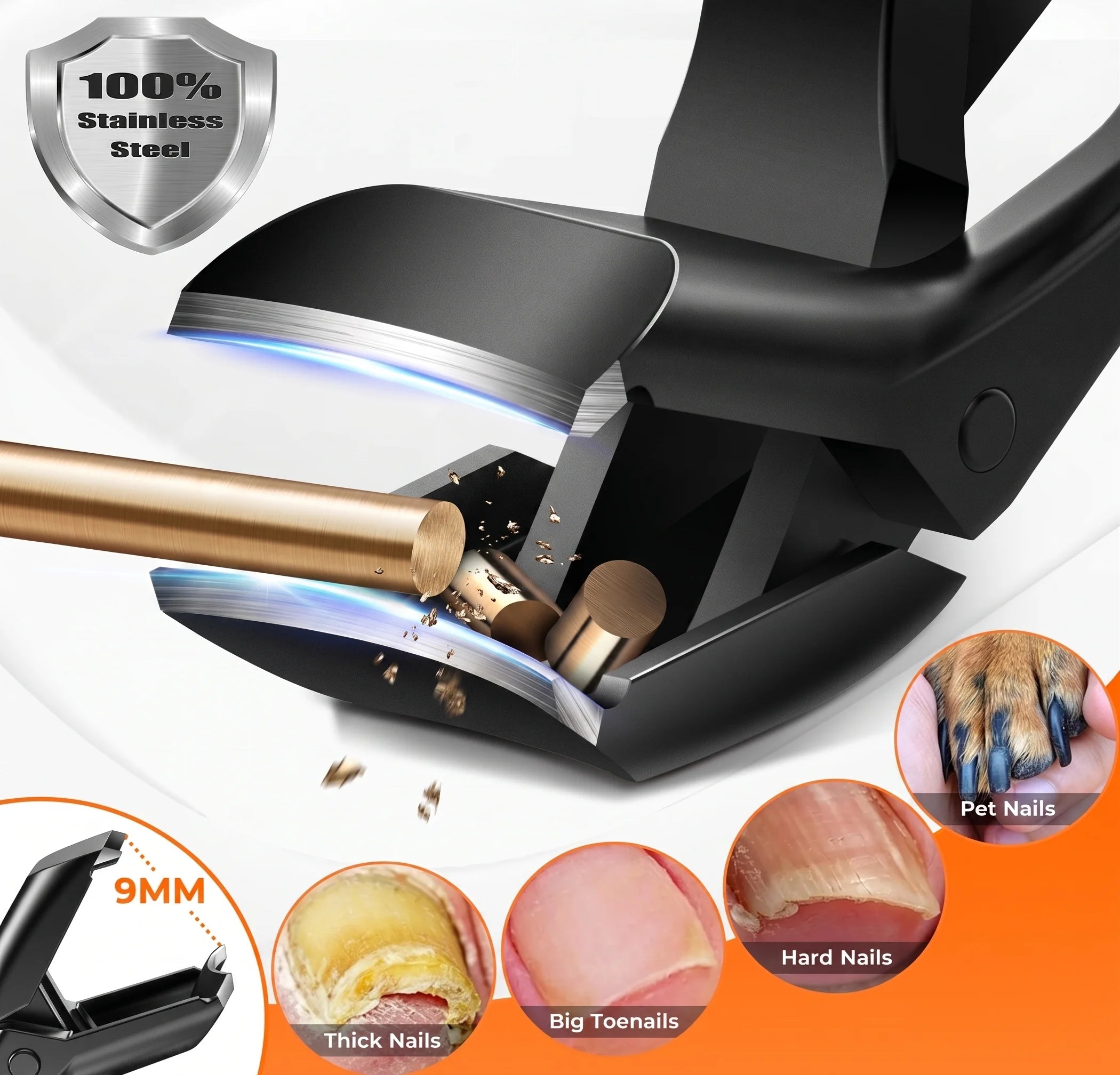 Wide jaw long reach nail clippers cutting through thick hard toenails effortlessly.